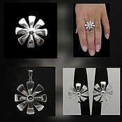 Украшения handmade. Livemaster - original item kit. Earrings, ring, pendant and brooch Flower Umbrella Silver. Handmade.