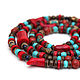Bright long bead necklace in ethnic style, created from coral, natural stones, coconut and Tibetan beads inlaid with coral, turquoise and lapis lazuli.
