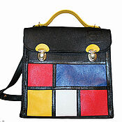 Leather colourful tote  bag "Red green and yellow squares"