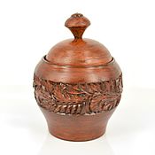 Carved wooden sugar bowl with spoon and lid