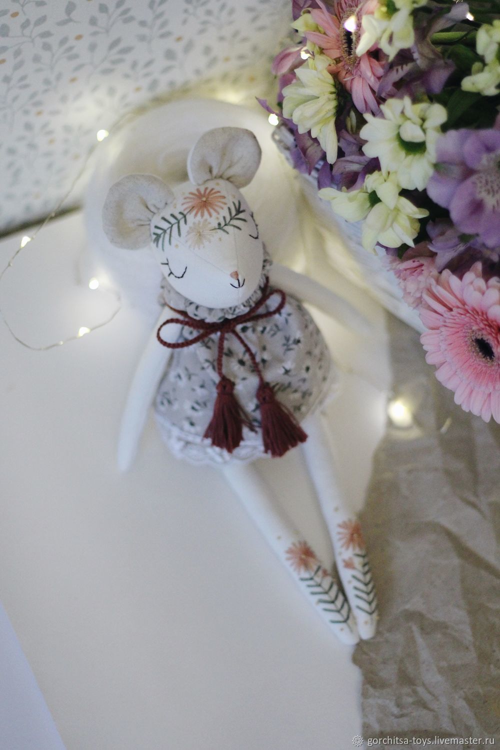  Мышка белая из льна в сером платье цветочек, Мягкие игрушки, Орел,  Фото №1