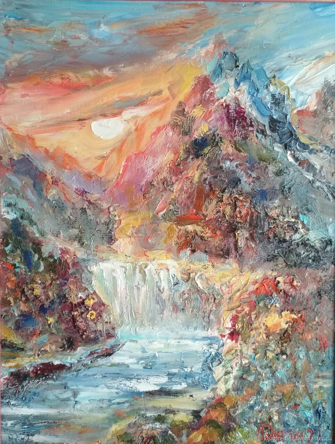 Авторская оригинальность. Водопад живопись. Горы мастихином маслом. Картины тематика горы. Картина водопад.