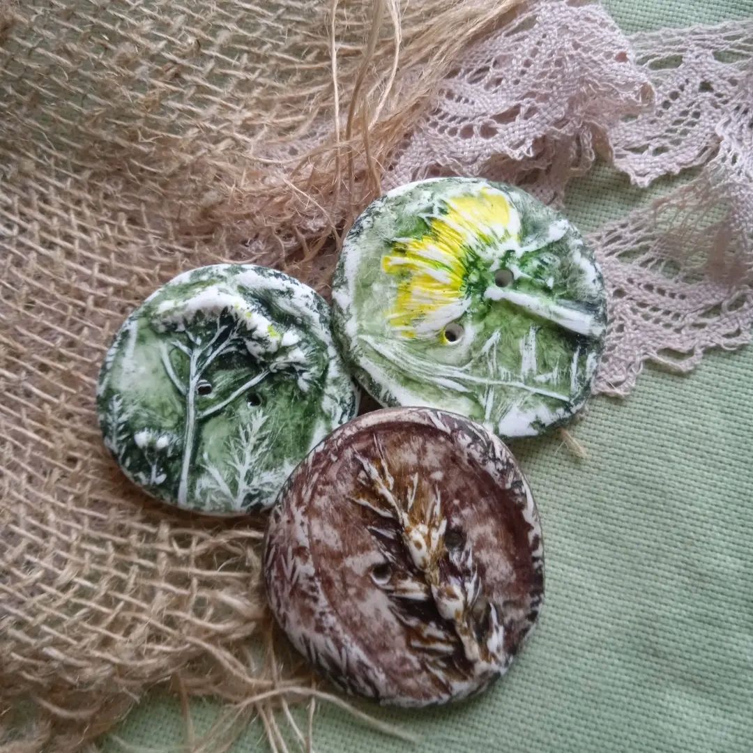 Пуговицы ручной работы. Большие декоративные. Слепок настоящих трав ...