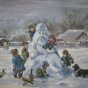 Картина маслом "зима, деревня"