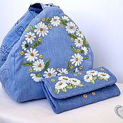 Women's purse with embroidery poppies textile denim