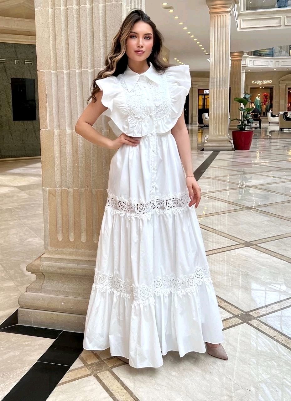 Длинное платье с кружевом кроше и вышивкой женщина, Белый | TWINSET Milano
