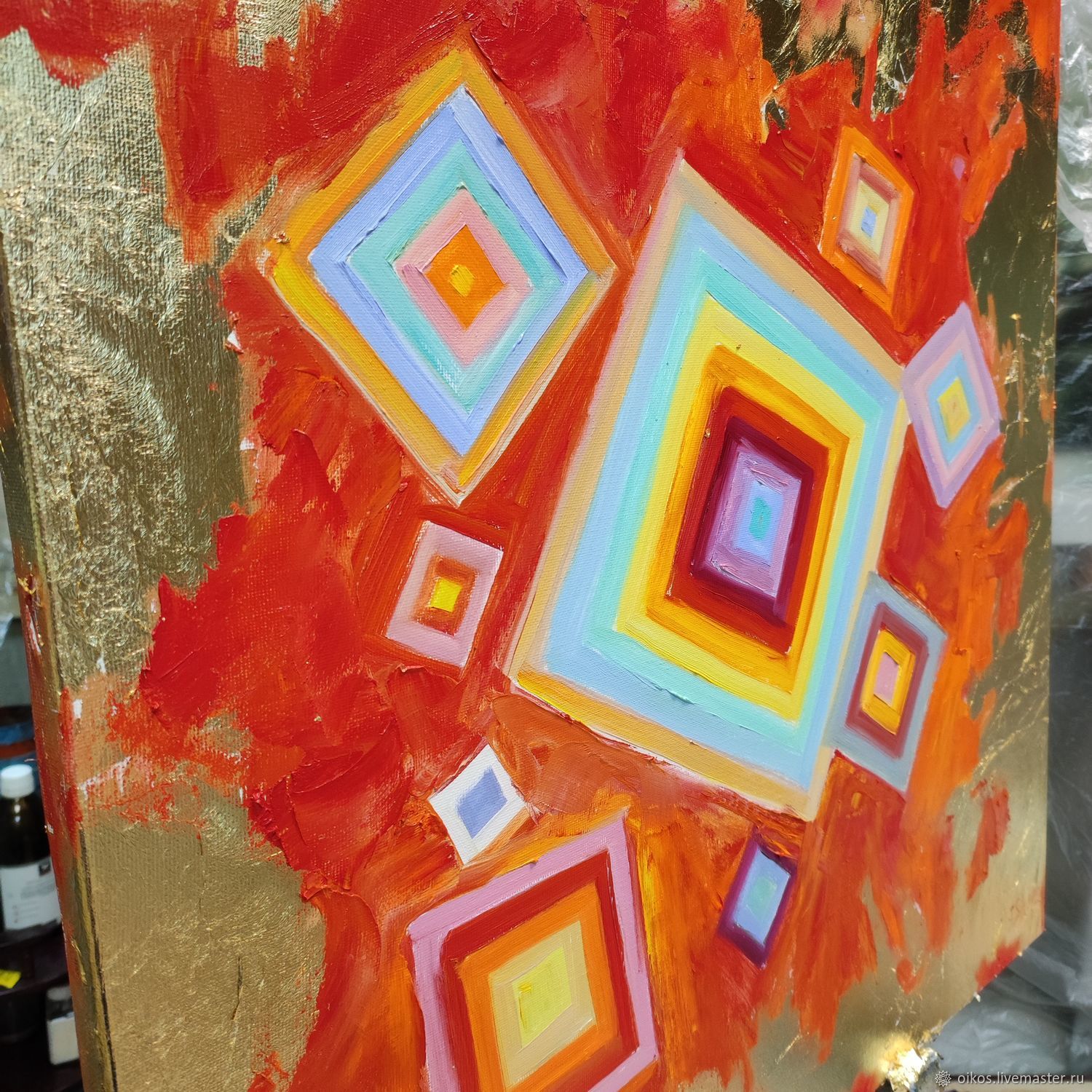 Большая картина с золотой поталью с яркими квадратами 60на60 см в ...