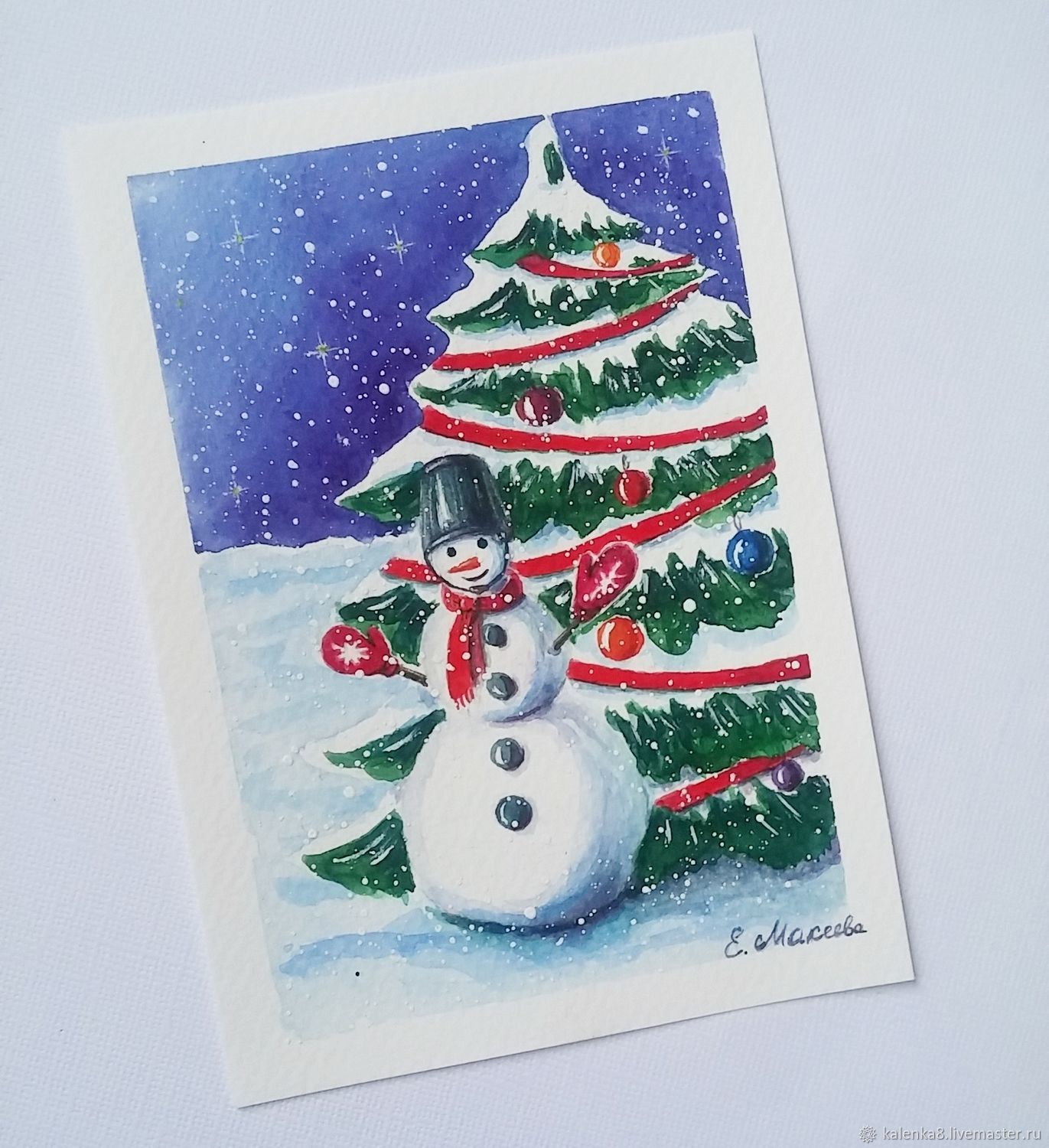 Снеговик под ёлкой. Изготовление открытки