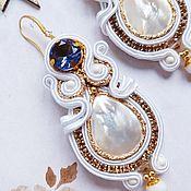 Украшения handmade. Livemaster - original item White Long Soutache earrings with mother of pearl. Handmade.