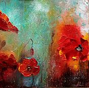Картины и панно handmade. Livemaster - original item Bright red poppies on turquoise oil painting 30h40 cm. Handmade.
