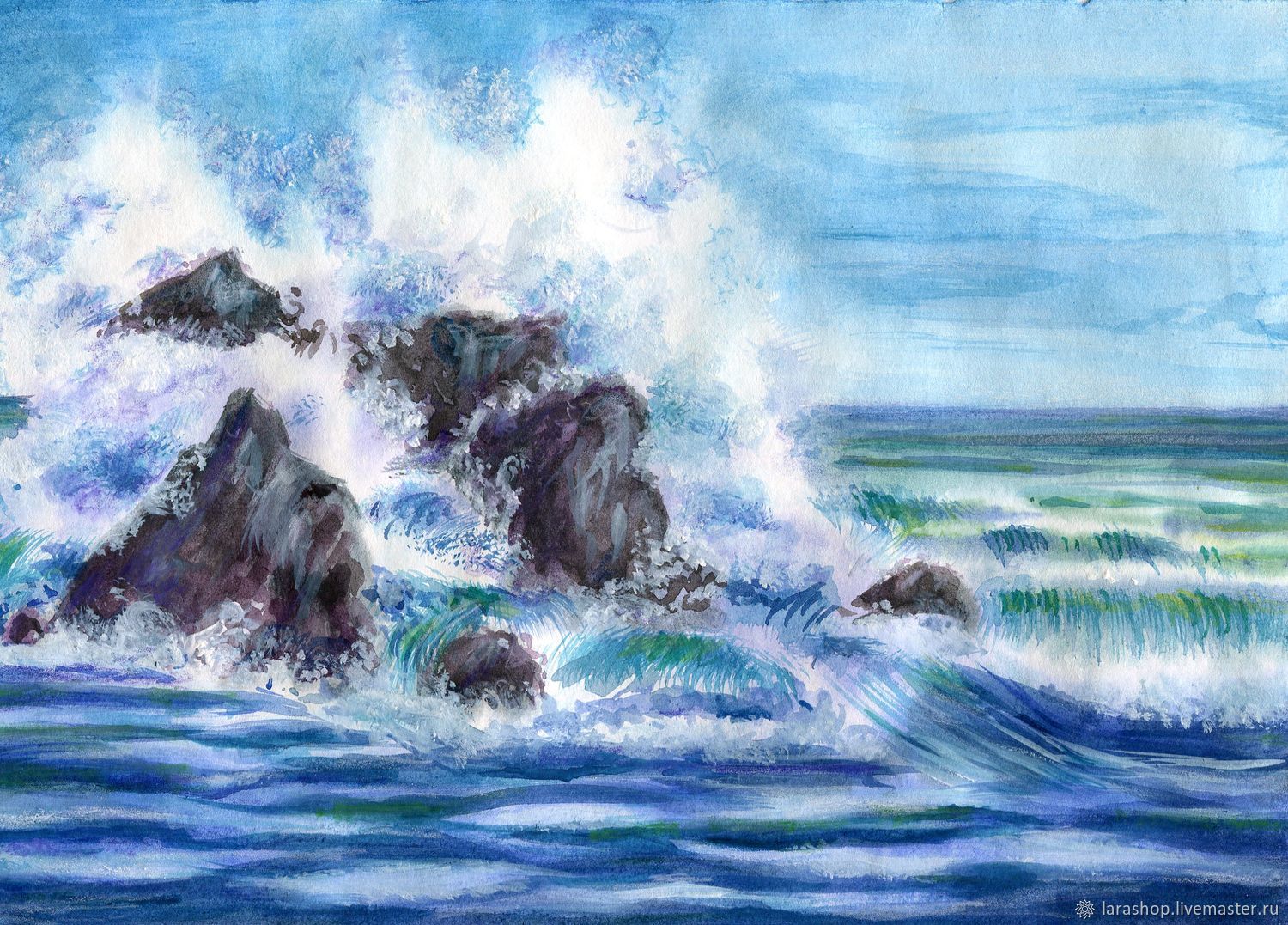 Волны морские и скалы акварель