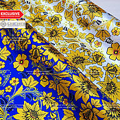 Материалы для творчества handmade. Livemaster - original item Fabric satin gold Khokhloma on blue. Handmade.