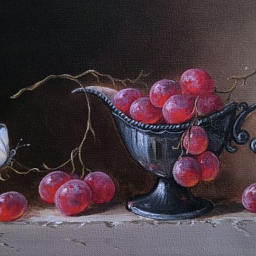 Картины и панно ручной работы. Ярмарка Мастеров - ручная работа Картина маслом. Натюрморт. Бабочки и виноград. Handmade.