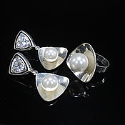 Украшения handmade. Livemaster - original item Jewelry Set Ring Earrings Pearl Cubic Zirconia Silver 925 ALS0037. Handmade.