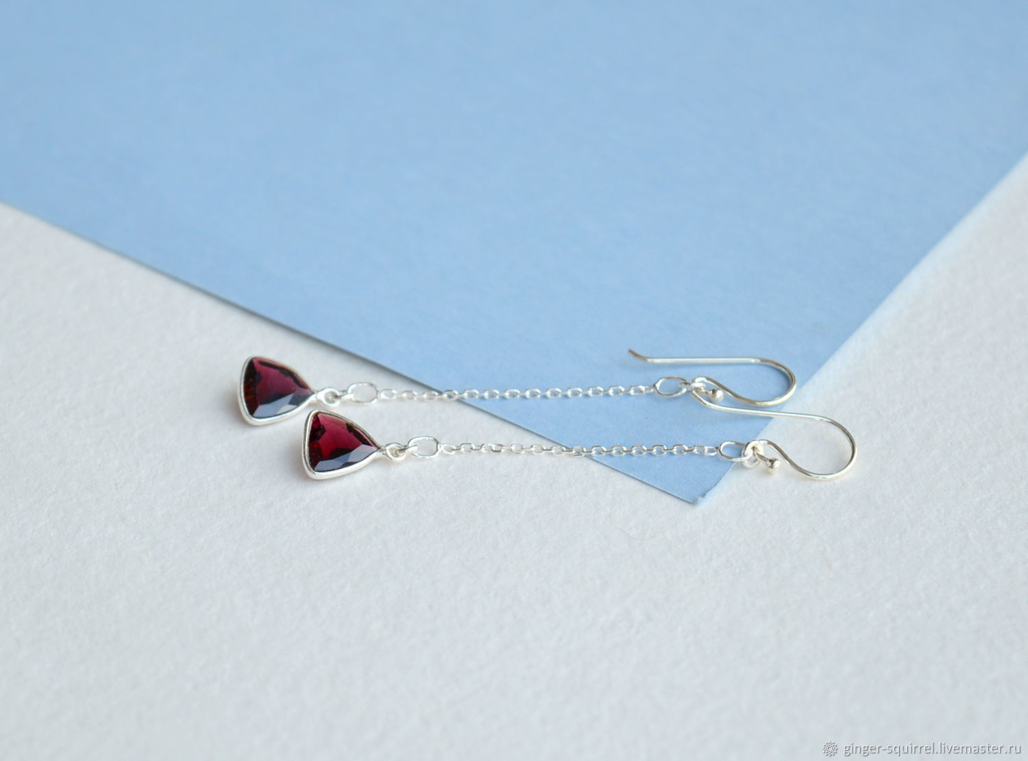 Long Earrings Silver On Chain With Genuine Garnet Long Earrings Silver On Chain
