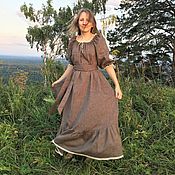 Одежда handmade. Livemaster - original item Loose linen dress in peasant style brown melange. Handmade.