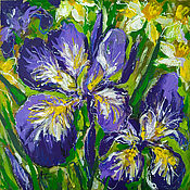 Картины и панно handmade. Livemaster - original item Painting Iris Daffodils Acrylic 25 x 25 Spring Flowers. Handmade.