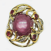 925 sterling silver ring with natural amethyst cabochon and rhodolites