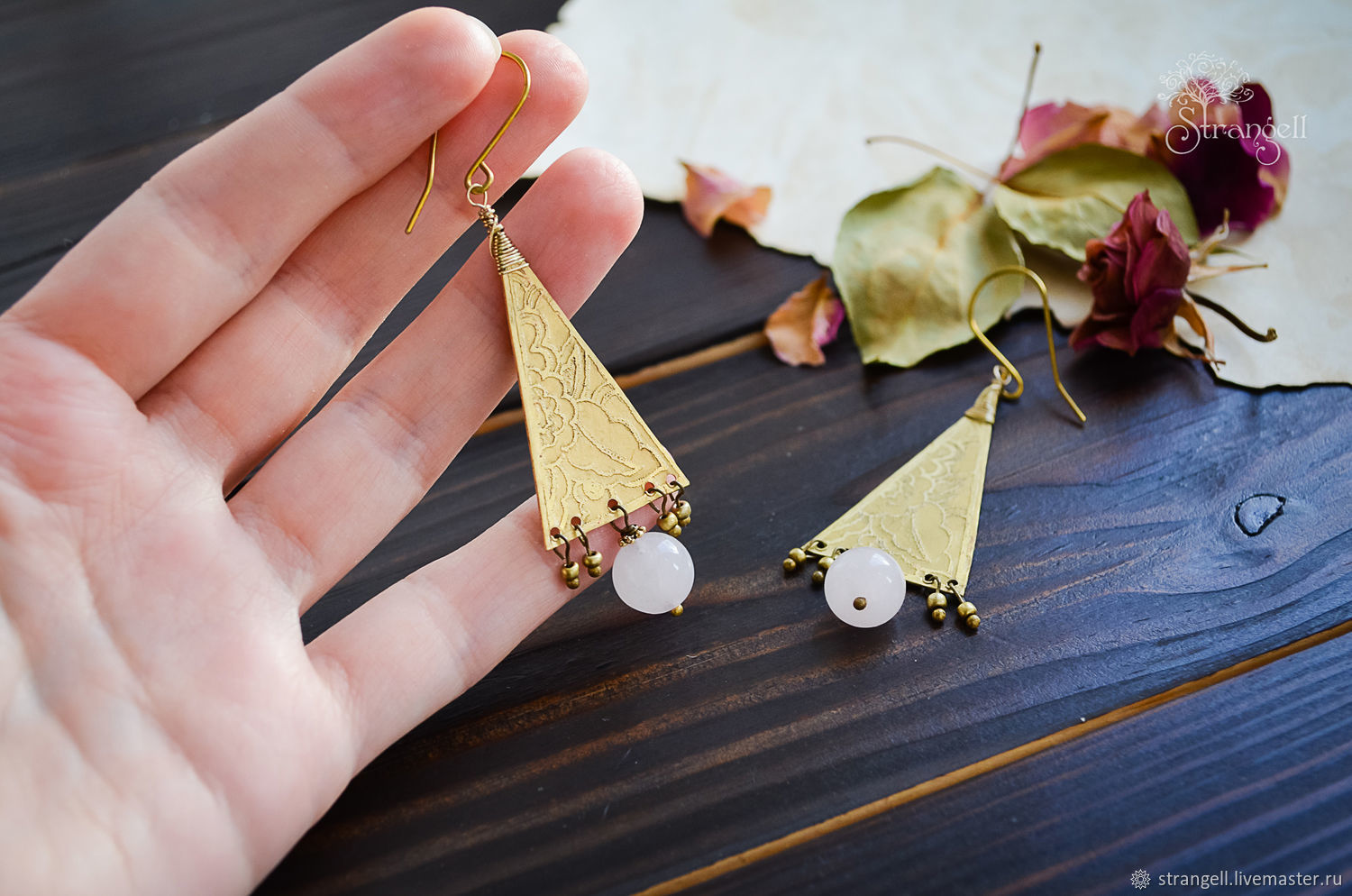 Латунные серьги "Жасмин" с розовым кварцем. Длинные сережки в интернет ...