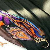 Украшения handmade. Livemaster - original item Orange-purple cuff with rooster and pheasant feathers. Handmade.