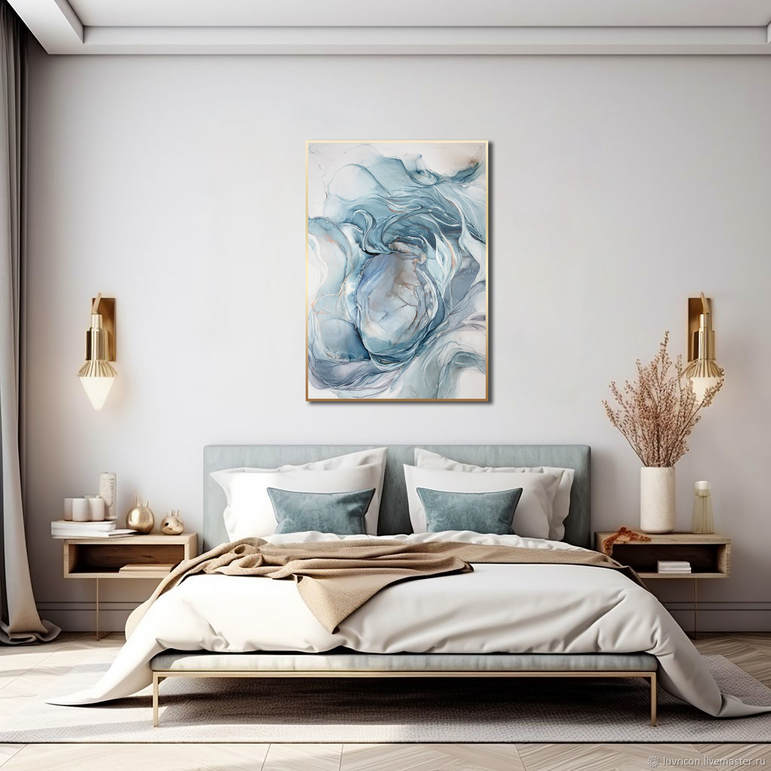 Голубая акварельная картина-абстракция для интерьера 70х100 см чернила ...