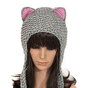 Hat with ears Cat, Peachy and Caramel, women's knitted hat