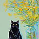 Чёрный кот и жёлтый букет. Весенние цветы. Полевые цветы, Картины, Воронеж,  Фото №1