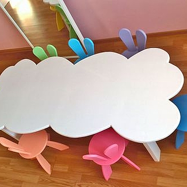 Радужные Зайцы на Облаке. Детская Мебель на заказ Стульчик столик. . Для дома и интерьера ручной работы - Ярмарка Мастеров Для дома и интерьера ручной работы. Ярмарка Мастеров - ручная работа Радужные Зайцы на Облаке. Детская Мебель на заказ Стульчик столик. Handmade.