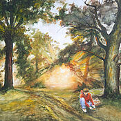 Картина Ручей в лесу (холст масло пейзаж лес лето зеленый)
