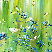 Картины и панно handmade. Livemaster - original item Butterfly oil painting with cornflowers in the field. Handmade.