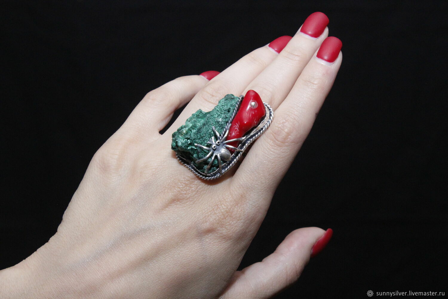 Spider Ring Malachite Coral 925 Silver ALS0049, Rings, Yerevan,  Фото №1