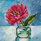 Картины и панно handmade. Livemaster - original item Painting Zinnia Oil 15 x 15 still life with flower. Handmade.