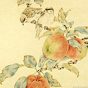 картинаПтичка с ягодками( китайская живопись пастельные тона акварель)