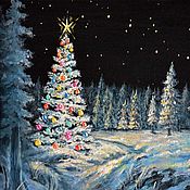 Картины и панно handmade. Livemaster - original item Picture miniature Christmas tree, Festive night, 20h15, oil. Handmade.
