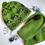 Аксессуары handmade. Livemaster - original item Green knitted hat with reindeer and snood set. Handmade.