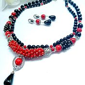 Украшения handmade. Livemaster - original item Necklace and earrings with coral and black agate. Handmade.