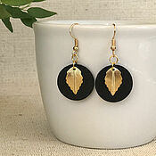 Украшения handmade. Livemaster - original item Jewelry earrings made of black leather with a golden leaf. Handmade.
