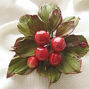 Украшения handmade. Livemaster - original item Leather Red Brooch flower RED CHERRIES-2 red Leather hairpin. Handmade.