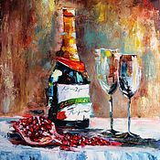 Картины и панно handmade. Livemaster - original item Bottle of champagne and pomegranate interior painting. Handmade.