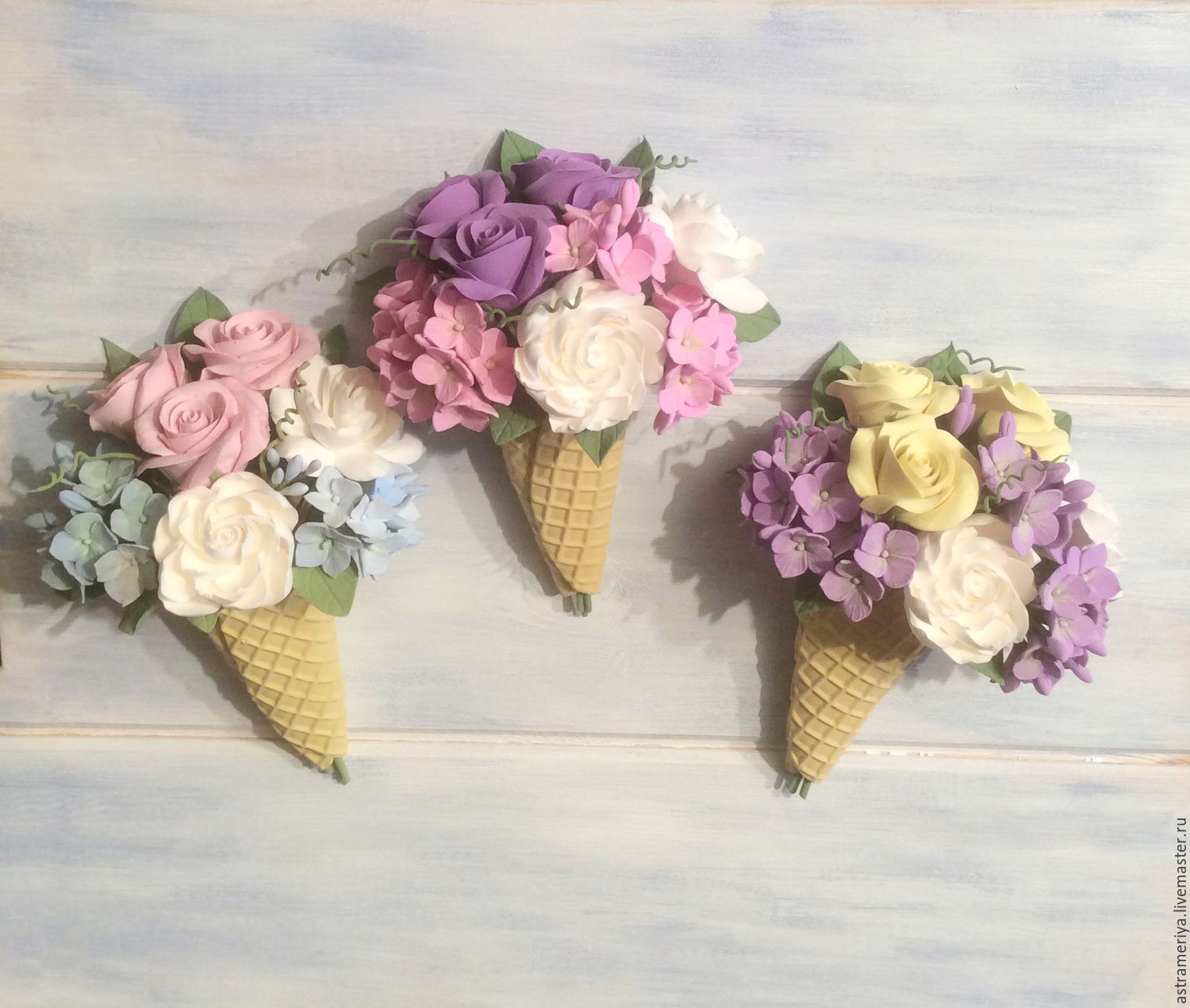 Кашпо с розами и розовой гортензией из полимерной глины – купить в ...