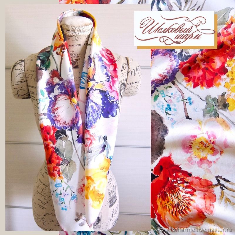 Платок Полевые Цветы, натуральный шелк твил в интернет-магазине Ярмарка ...