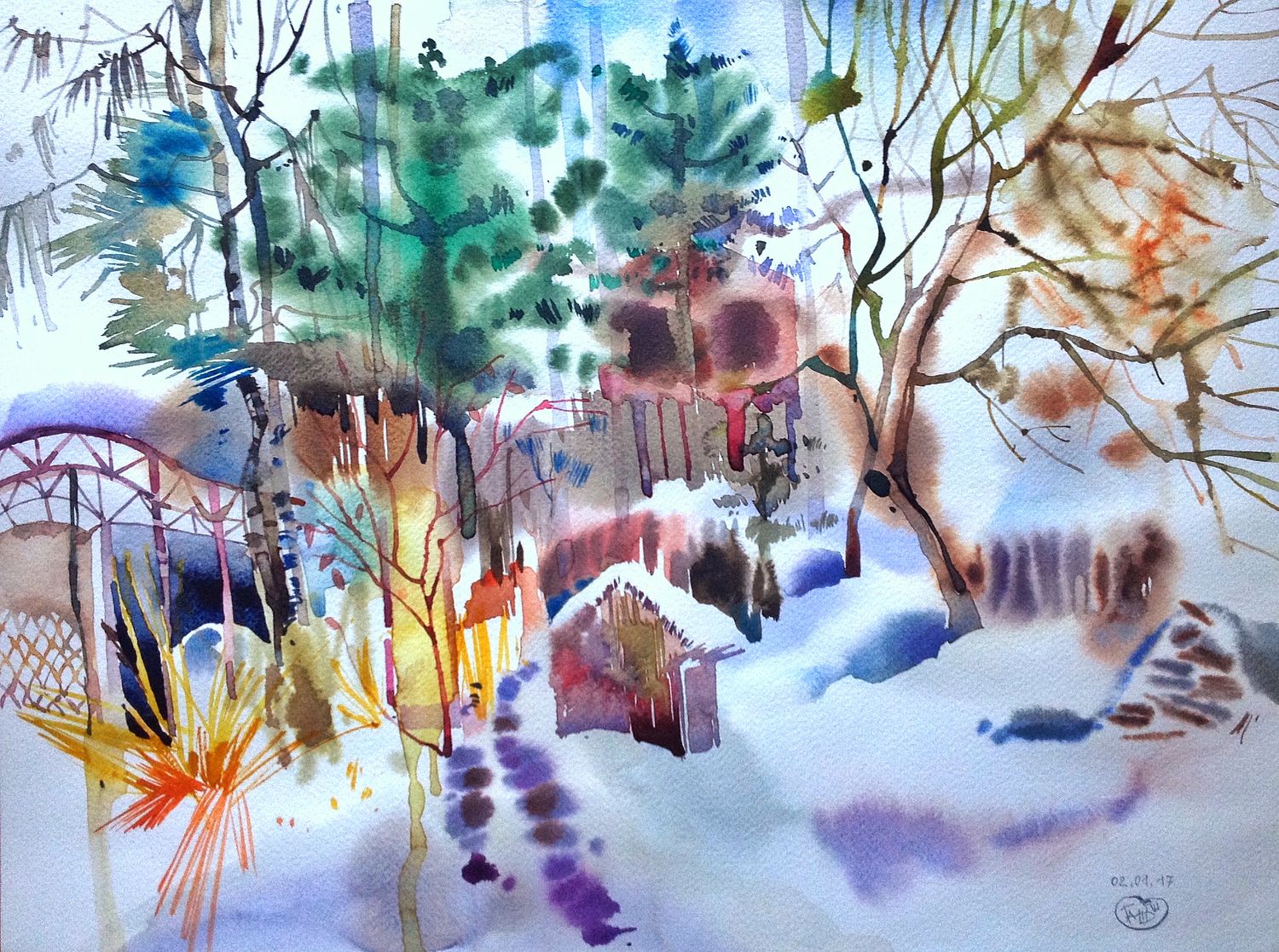 Зимний пейзаж, дача; акварель; 40х60 см