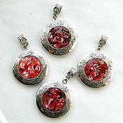 Комплект украшений с росписью Мотылек ярко-красный в серебре