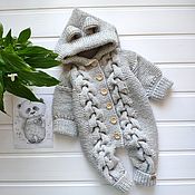 Одежда детская handmade. Livemaster - original item Knitted baby jumpsuit with braids light grey. Handmade.