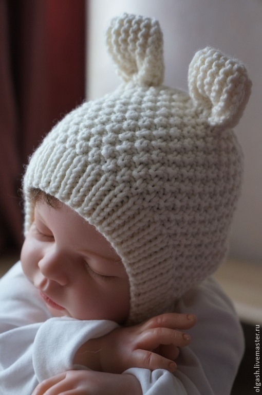 Красивая шапочка для новорожденного, вязаная спицами