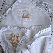 Работы для детей, handmade. Livemaster - original item Baptismal towel with embroidery. Lace terry kryzhma. Handmade.