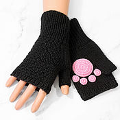 Аксессуары handmade. Livemaster - original item Fingerless gloves with knitted Kitty paws black. Handmade.