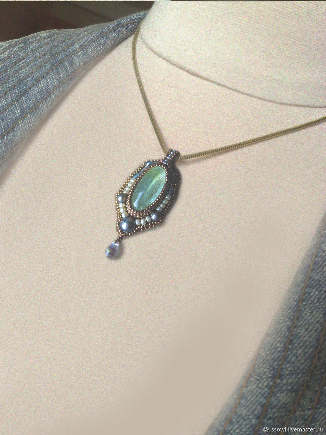 Кулон Классика - натур. аквамарин, жемчуг, золотой, серебряный бисер ...