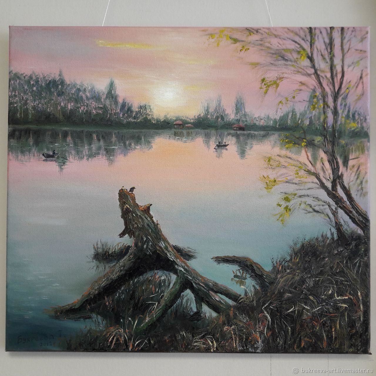 Картина маслом Рыбалка Хранитель озера живопись маслом утро туман ...