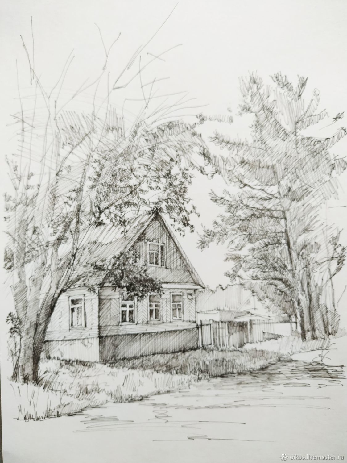 Картина графическая с домом деревенским